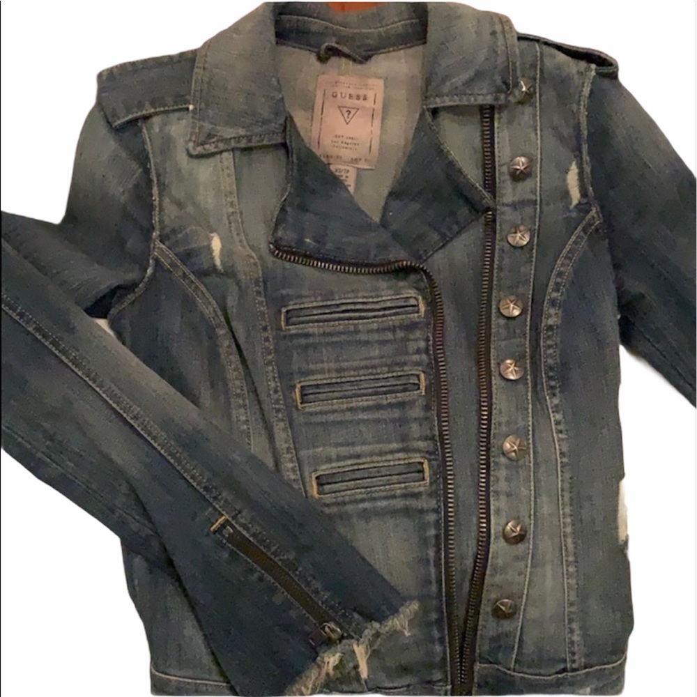 Guess Distressed Denim Jacket with Button Details
